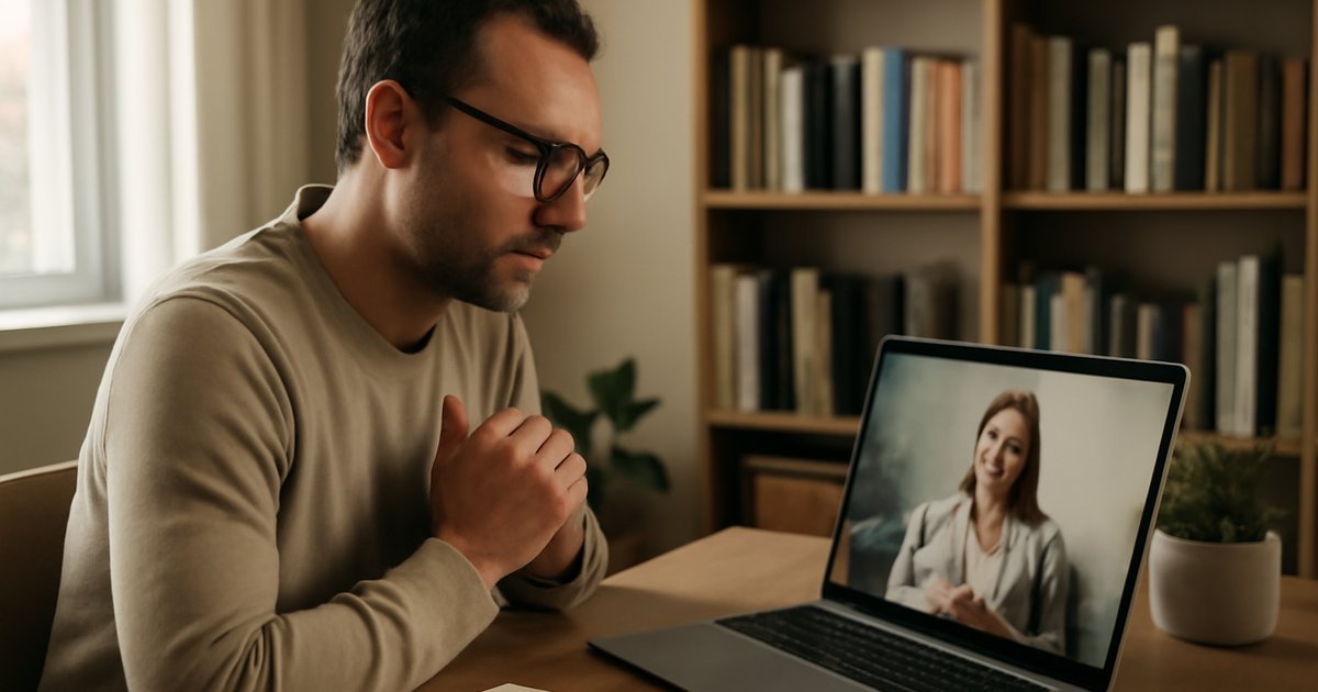 Adult doing online therapy session for ADHD management at home on a laptop