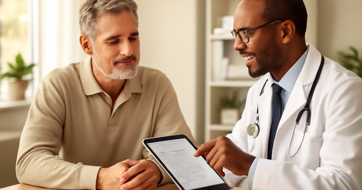 Middle-aged adult discussing preventive care screenings with a primary care physician in a bright medical office