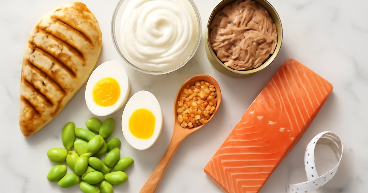 Assortment of high-protein foods including chicken, eggs, Greek yogurt, salmon, and lentils for weight loss