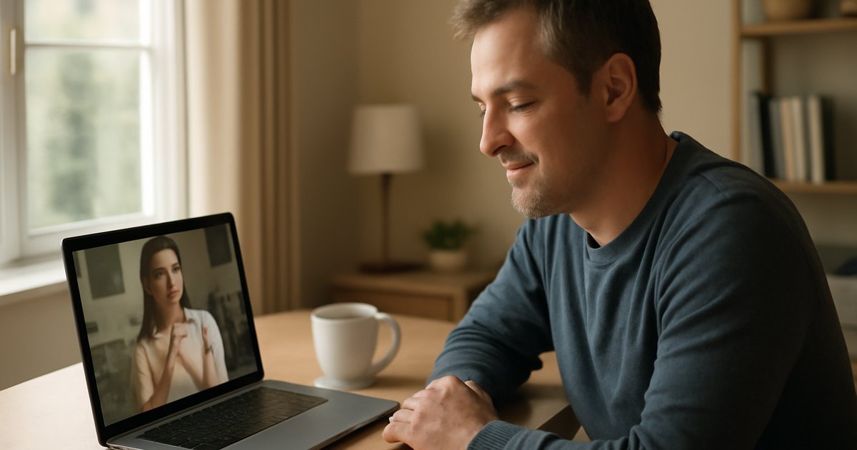 Adult using online therapy for bipolar disorder management during a video session at home