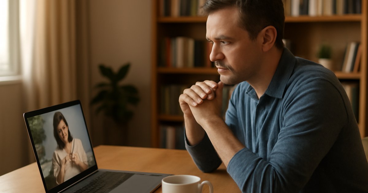 Adult man participating in an online therapy session for OCD at home on a laptop