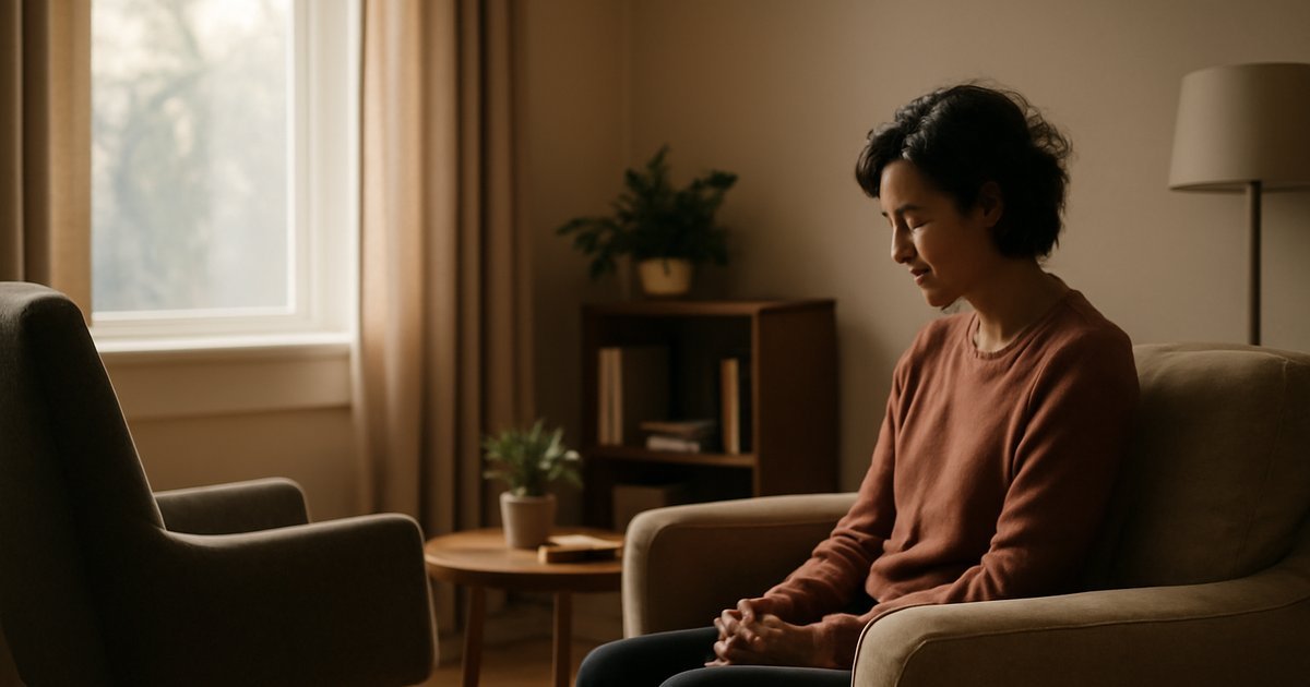 Person sitting in a calm therapy room representing PTSD treatment and mental health recovery